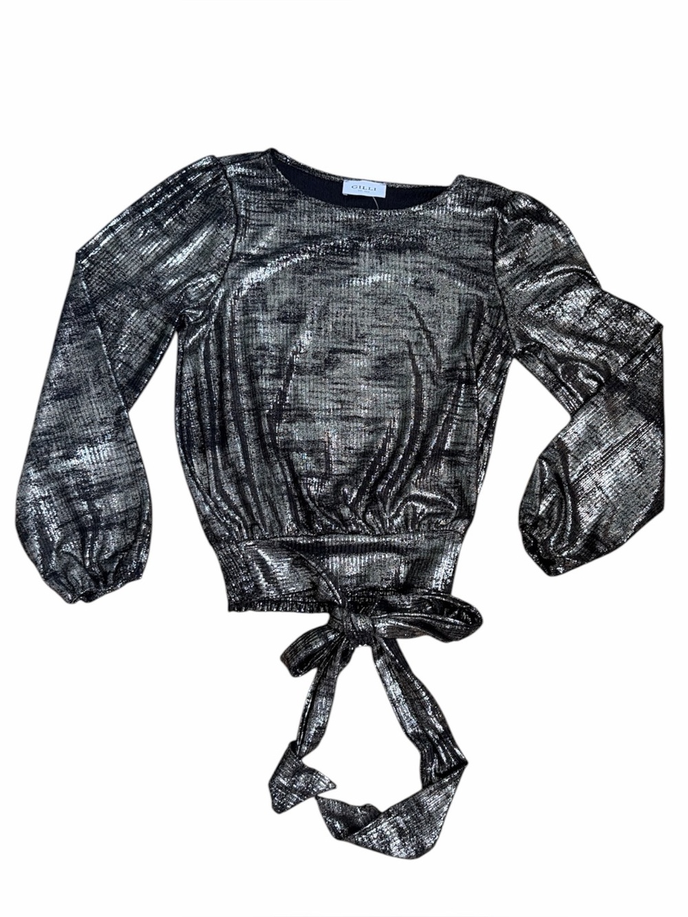 GILLI long sleeve blouse metallic shimmer adjustable tie front waist large NWOT